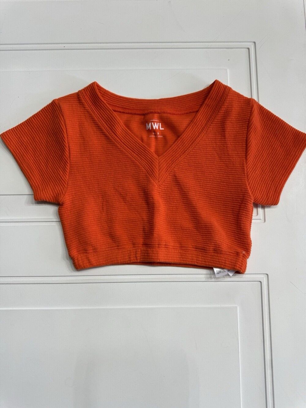 Madewell Women’s Sz S Orange V Neck Waffle Knit Cotton Crop Top Shirt Tee